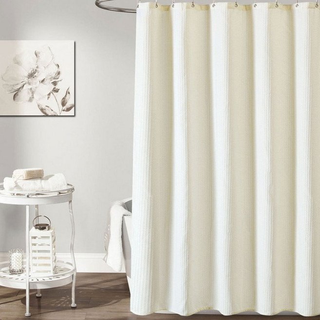 젠스룸 프리미엄 와플 패브릭 샤워커튼 + 커튼링 세트, 베이지계열, 1세트