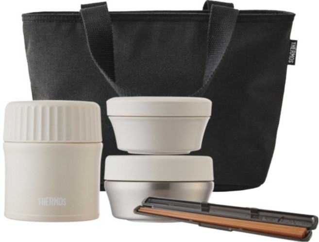 써모스 뉴 플라스틱 245ml + 스테인리스 340ml + 보온 도시락 300ml 세트 TKLG-901, 크림, 1세트