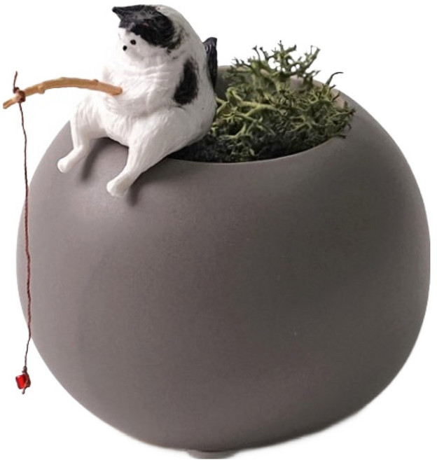 morningscent 피싱캣 미니화분 그레이 B TYPE + 활성탄 + 스칸디아모스 + 화산석 + 피싱캣피규어 랜덤발송 세트, 1세트