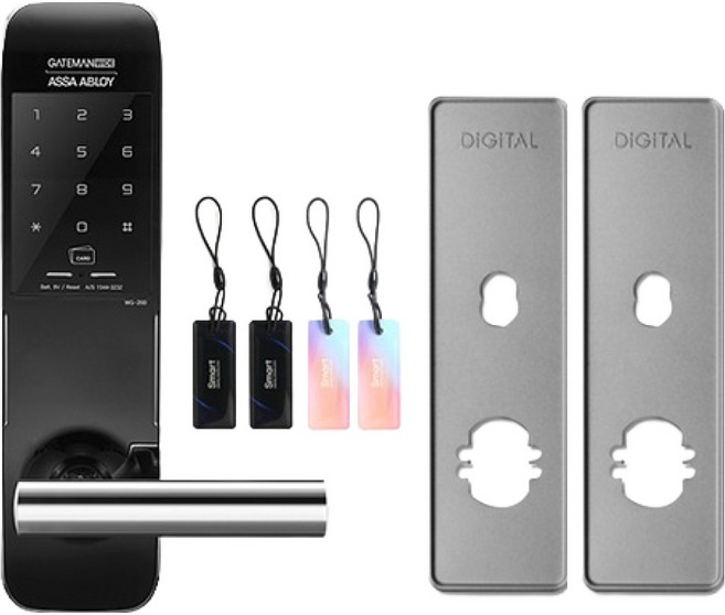 게이트맨 디지털도어락 손잡이 현관문키 카드키 4p 주키보강판 실버, WG-200, 방문설치