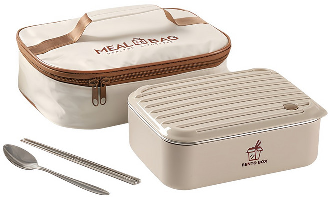LZQ 304不銹鋼大容量可微波爐保鮮盒 附餐具 + 便當袋 1.2L, 1套, 米白色