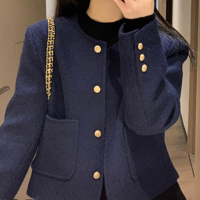 女款時尚潮流冬季優雅簡約金釦粗花呢外套