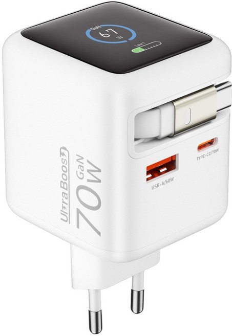 울트라부스트 70W GaN AI 컬러 액정 케이블 일체형 2포트 충전기, 화이트, 1개