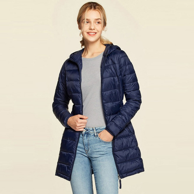 女性可收納輕量長版羽絨外套