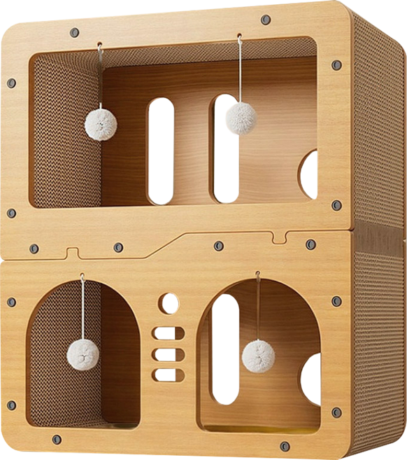 咕沛日常 貓抓屋 磨爪睡覺逗貓多功能 耐磨不掉屑 雙層貓別墅 三層 雙門款, 實木色, 1個