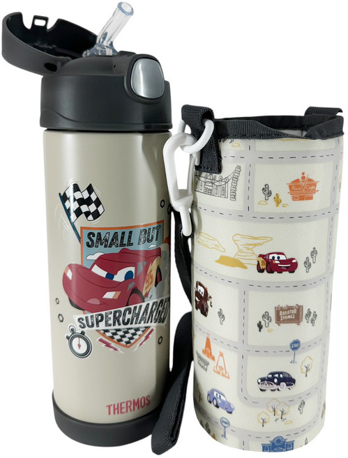 THERMOS 膳魔師 不鏽鋼真空兩用上蓋保冷瓶 附揹袋 F4021CFCR-DG, 1個, 汽車總動員, 470ml