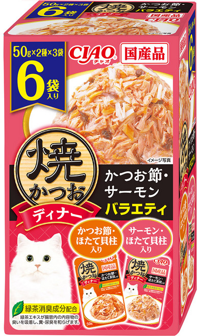 INABA CIAO 燒晚餐包6件組 IC-397, 鰹魚 + 柴魚片 + 干貝 + 鮭魚, 300g, 1盒