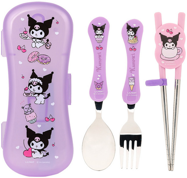릴팡 산리오 익스슬림 웨이브 스푼포크 젓가락 케이스 4p 세트 쿠로미, 혼합색상, 1세트, 스푼 + 포크 + 교정용 젓가락 + 케이스