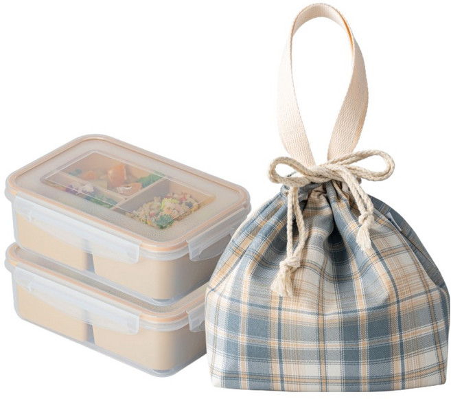 나누담 칸칸이 도시락 1단 2p + 보냉백 세트, 베이지(도시락), 아이보리(보냉백), 1세트