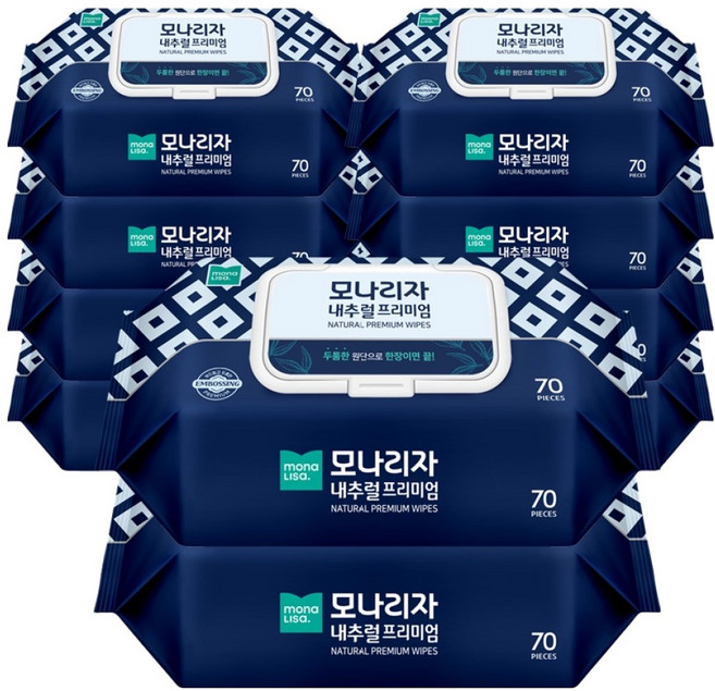 모나리자 내추럴 프리미엄 물티슈 캡형, 80g, 70매, 10개