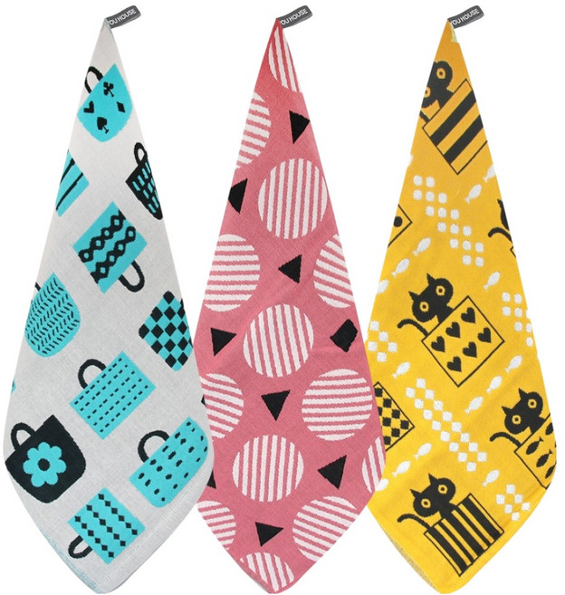 유하우스 북유럽풍 주방타올 3종 세트, 쇼핑백블루, 써클캣핑크, 기프트블랙캣, 1세트