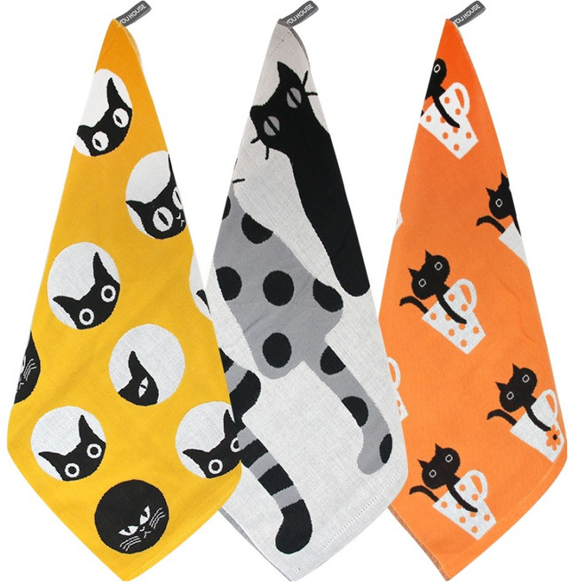 유하우스 북유럽풍 주방타올 고양이 3종 세트, 행복고양이, 쓰리캣그레이, 머그캣오렌지, 1세트