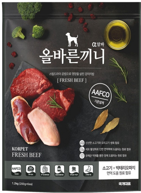 국개대표 올바른끼니 강아지 알파 소고기 기능성 사료, 면역/항산화, 1.2kg, 1개