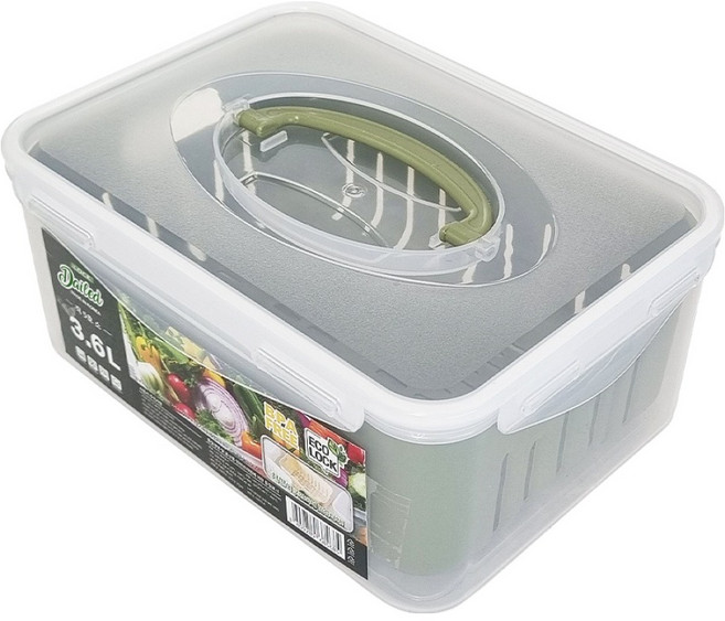 데일드 채소 과일보관 밀폐용기 채반포함 올리브그린, 1개, 3.6L + 채반