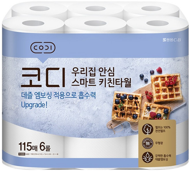코디 우리집 안심 스마트 천연펄프 키친타월, 6롤, 1개