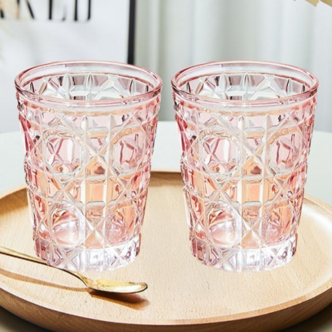 다파랑 유니크 스타일 체크 컬러 글라스 집들이 선물 맥주 위스키잔 310ml HJ0431, 핑크, 2개