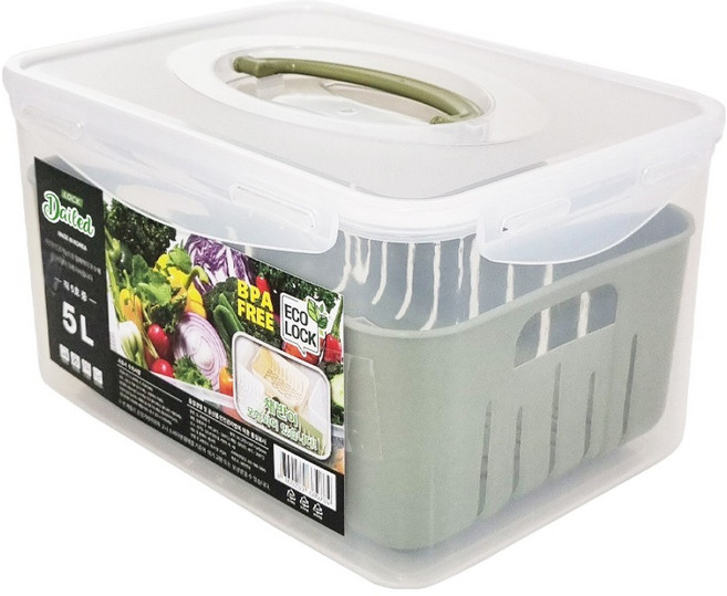 데일드 채소 과일보관 밀폐용기 채반포함 올리브그린, 1개, 5L + 채반