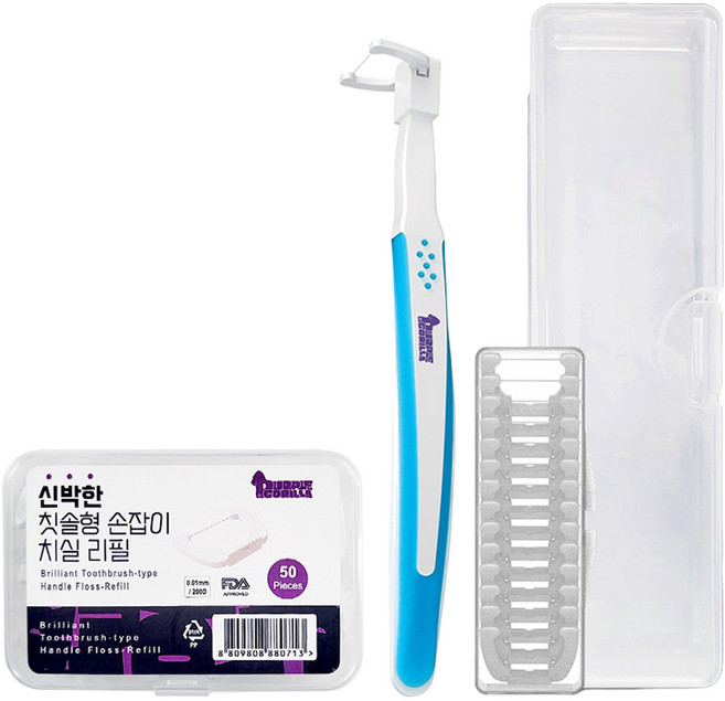 퍼플고릴라 신박한 칫솔형 손잡이 치실 블루 리필 14p + 리필 50p 세트, 1세트, 153mm