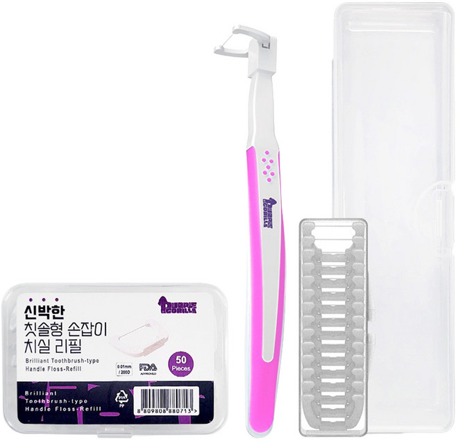 퍼플고릴라 신박한 칫솔형 손잡이 치실 핑크 리필 14p + 리필 50p 세트, 1세트, 153mm