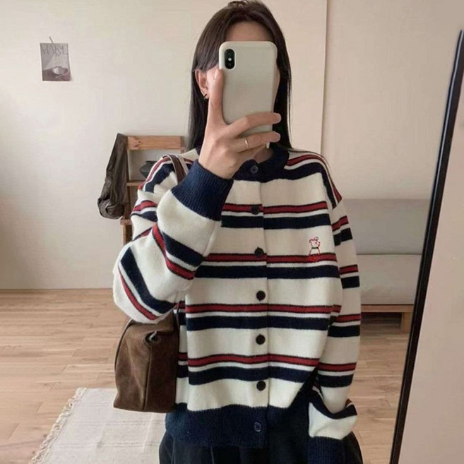 PEONIST 女款法式時尚條紋針織開襟衫
