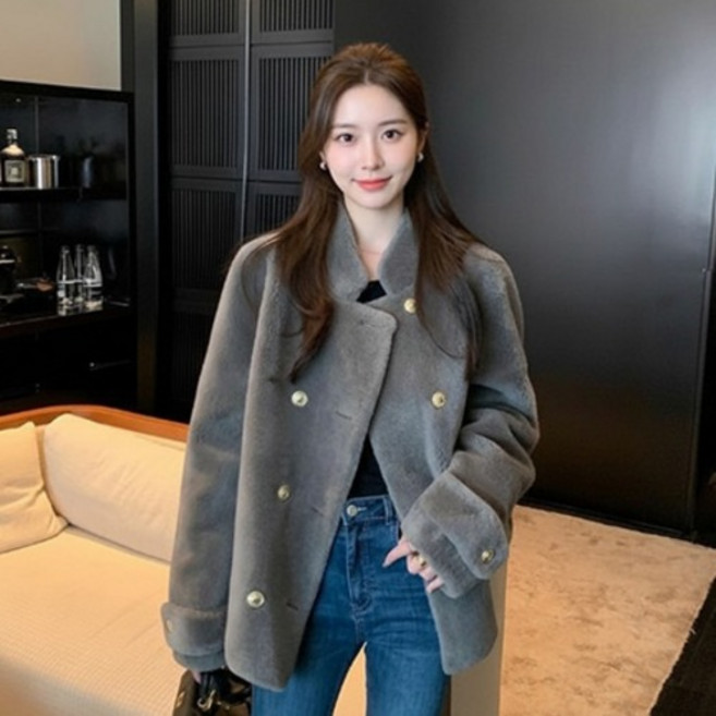 더플로우커머스 여성용 모던 글램 골드 버튼 더블 무스탕 자켓