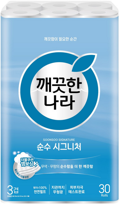 깨끗한나라 3겹 천연펄프 순수 시그니처 화장지, 28m, 30롤, 1개