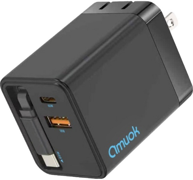 amuok 艾默克 65W伸縮線氮化鎵電源供應器, 黑色, 1個