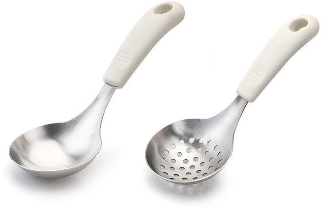 NEWVIA 矽膠握柄 304不鏽鋼 迷你湯勺 + 漏勺 組合, 象牙白, 1套