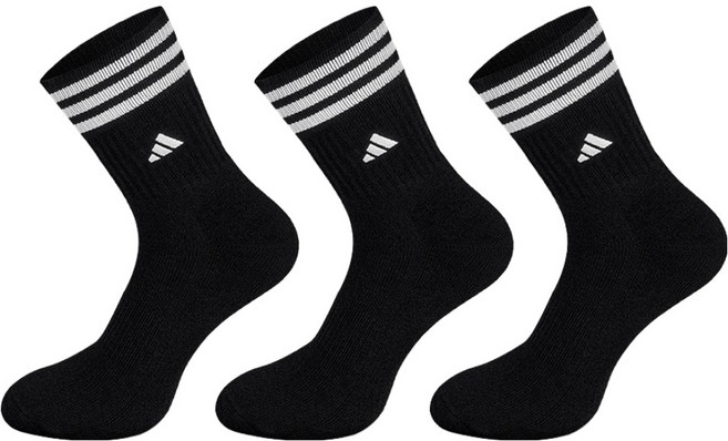 아디다스 삼선 쿠션 중목 자수 스포츠양말, 블랙, 3세트