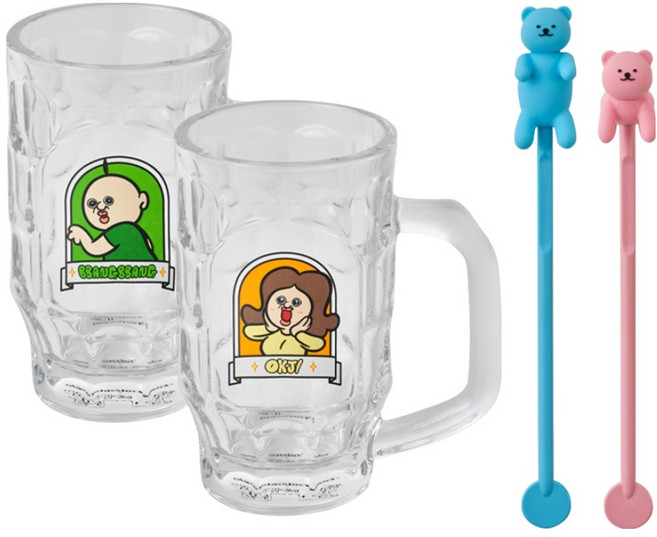 글라스락 빵빵이의 일상 뭣들하니 올록볼록잔 370ml 2종 + 머들러 2종 세트, 혼합색상, 1세트