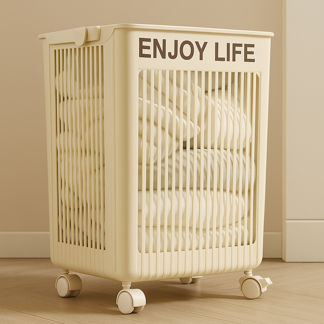 Harmony Mall 移動式可折疊附輪洗衣籃 48L, 象牙白