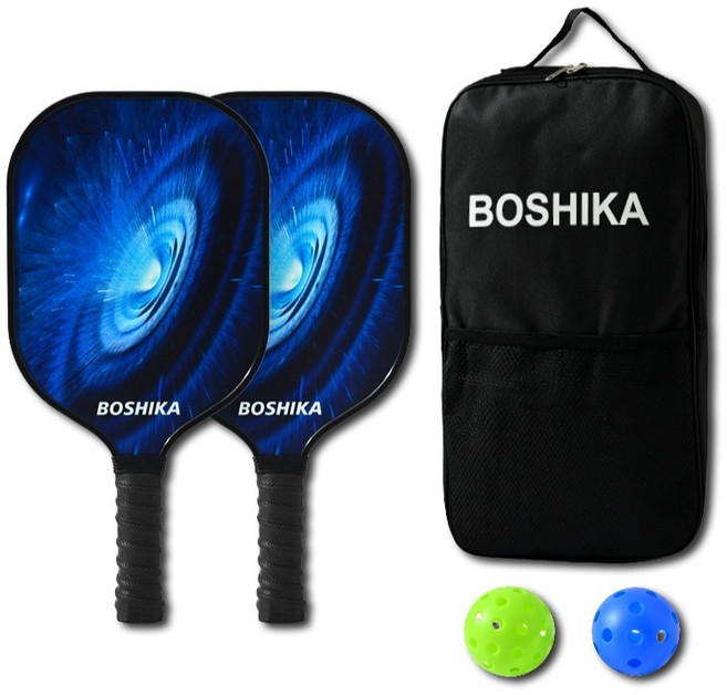 搏仕卡 超輕量玻璃纖維高級型匹克球球拍 2支 + 球 2顆 + 球袋套組, 藍黑色, 1套