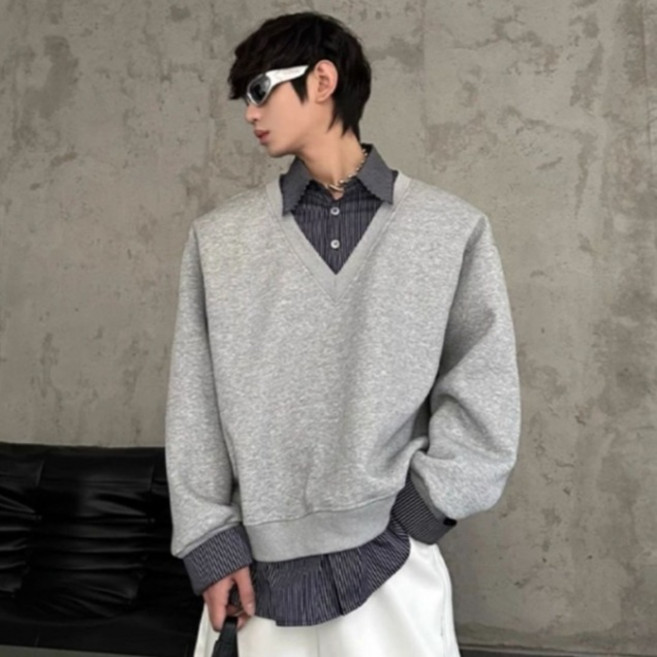 JTL 男士條紋翻領襯衫假兩件大學T