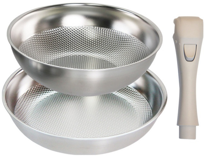 리빙글로리 심플리 무연마제 통5중 엠보 프리핸들 프라이팬 2개 + 멀티핸들 세트, 스테인리스 스틸, 1세트, 프라이팬 26cm + 궁중팬 24cm + 멀티핸들