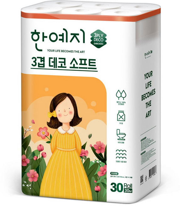 한예지 3겹 데코 소프트 펄프 화장지, 30m, 30롤, 1개