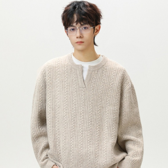 제이티엘 남성용 케이블 꼬임 패턴 브이 라운드 루즈핏 니트