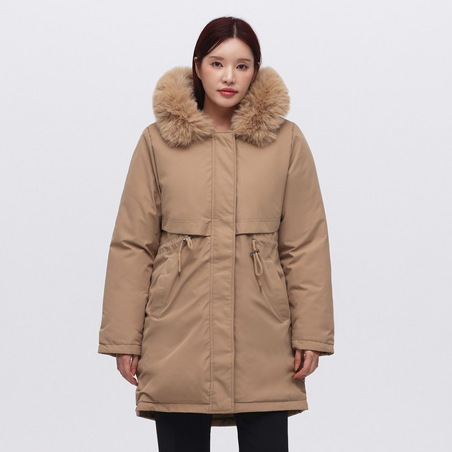 Elsso 女款類羽絨人造貂皮毛冬季軍裝風長版鋪棉外套