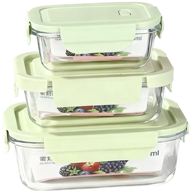 德利生活 耐高溫玻璃保鮮盒3件組 綠色, 1組, 3個容器 + 3個蓋子