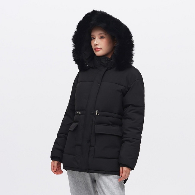 엘쏘 여성용 후드 인조 폭스퍼 스트링 하프 패딩 점퍼