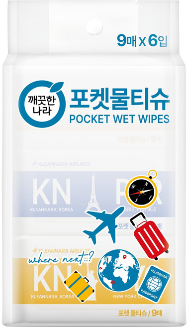 깨끗한나라 여행 포켓 물티슈 9p 랜덤발송, 1개, 6개입