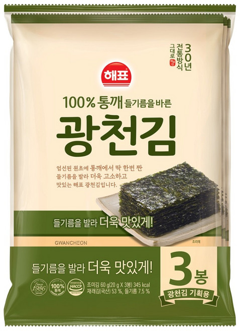 해표 광천김 전장 3p, 60g, 1개