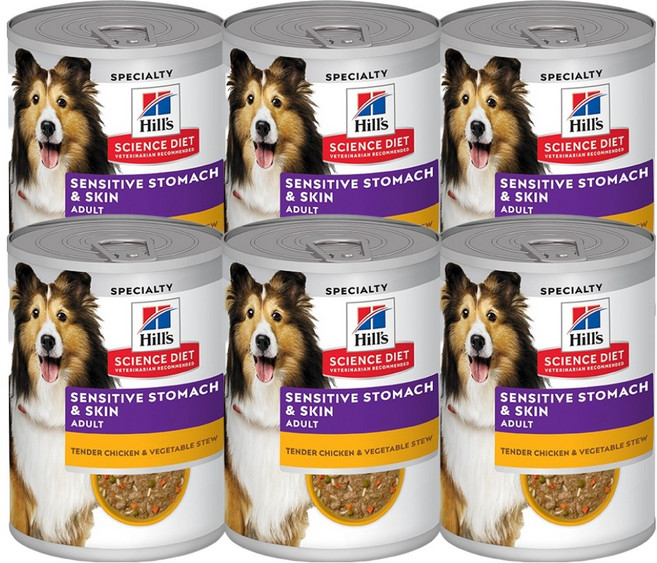 힐스사이언스다이어트 어덜트 강아지 사이언스 다이어트 센서티브 스토막 & 스킨 텐더 치킨 베지터블 스튜, 354g, 6개, 닭+야채