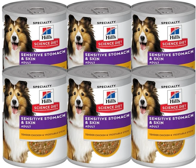 힐스사이언스다이어트 어덜트 강아지 사이언스 다이어트 센서티브 스토막 & 스킨 텐더 치킨 베지터블 스튜, 354g, 6개, 닭+야채 - 쿠팡