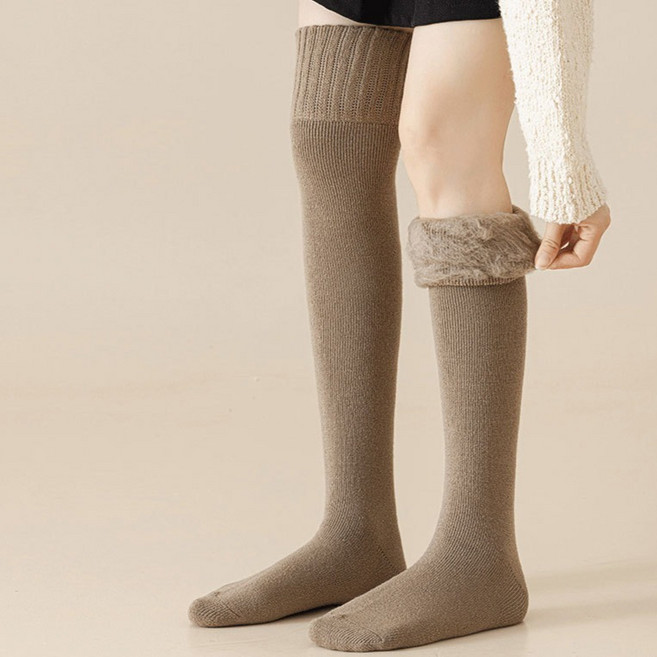 더시럽 여성용 기모 털 안감 솔리드 오버니삭스 양말 2켤레 세트