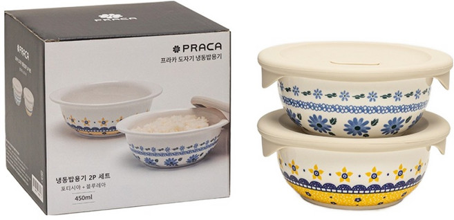 프라카 폴란드풍 도자기 냉동밥 용기 2종 세트, 1세트, 용기 블루레아 450ml + 포티시아 450ml