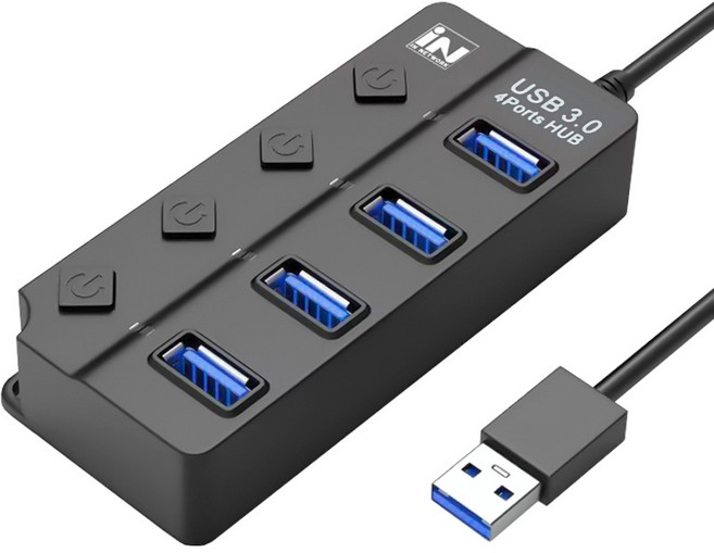 인네트워크 USB3.0지원 개별전원 스위치 4포트 확장 USB허브 IN-3U4BK, 블랙, 1개
