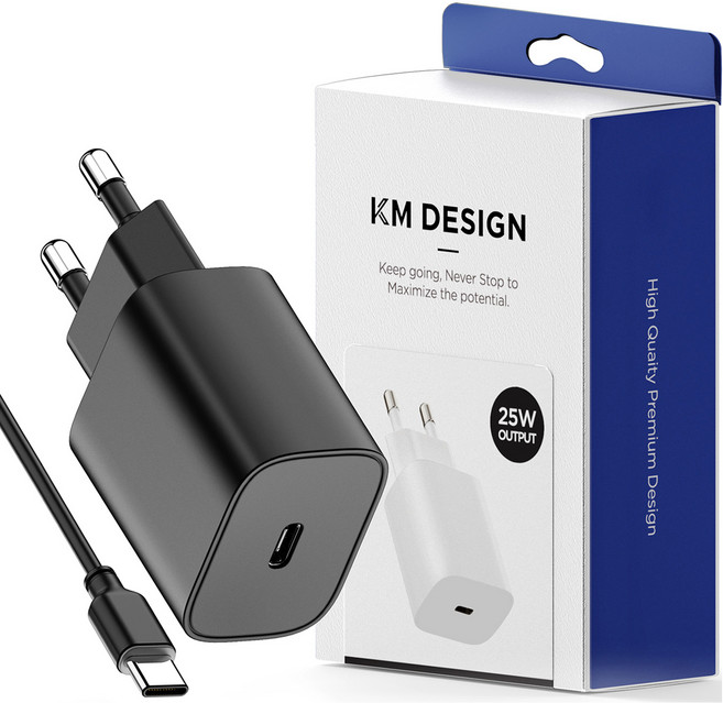케이엠디자인 25W PD 1포트 C타입 고속 충전기 + C to C 케이블 세트, 블랙, 1세트