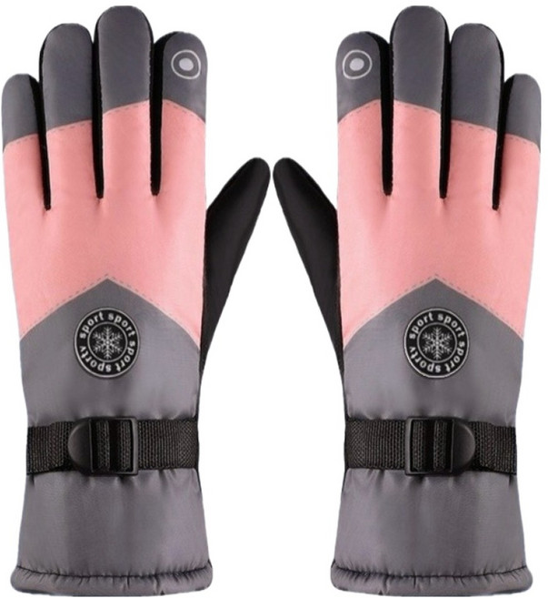 에이브릭 미끄럼방지 따뜻한 방풍 방수 스키장갑 양손착용 세트, 핑크 그레이 원형 라벨, 1세트
