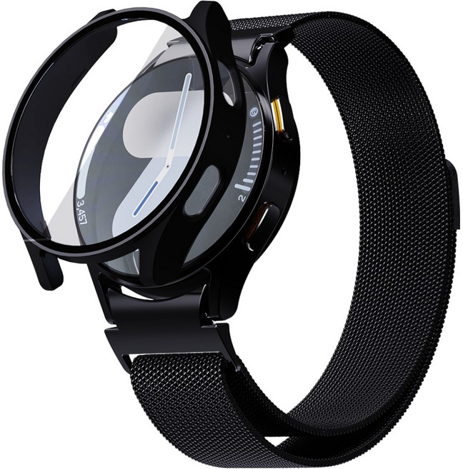 KANTAM Galaxy Watch 米蘭尼斯金屬錶帶 + 全包覆保護殼組合, 黑色