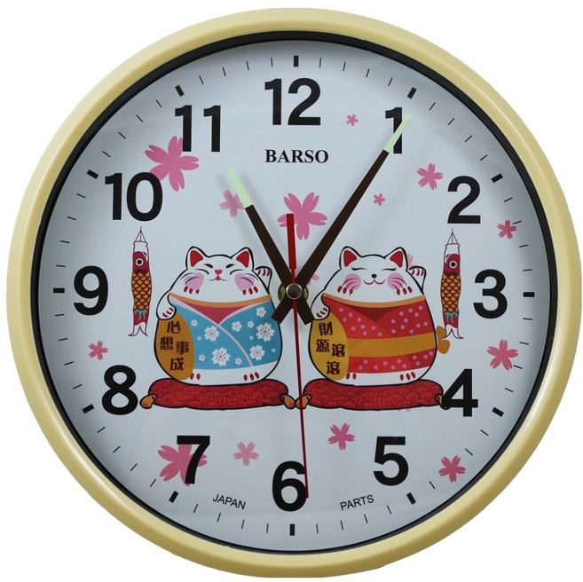 BARSO 可愛招財貓靜音夜光掛鐘 BS-812, 黃色